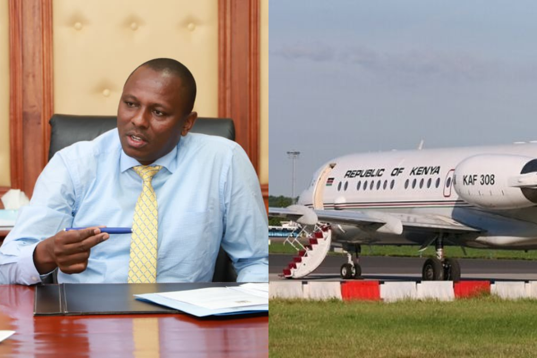 Photo collage of Kimani ichung'wah and the Presidential jet.